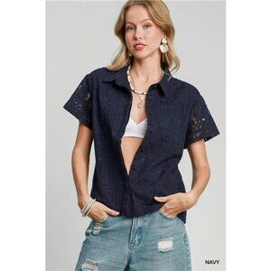 Umgee Patch Lace Short Sleeve Button Down Shirt